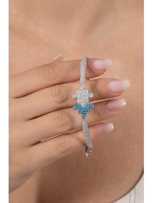 Söğütlü Silver 925 Ayar Gümüş Bileklik Rodyumlu Turkuaz ve Zirkon Taşlı Asansörlü Yapboz Modeli Bileklik SGTL13170RODAJ