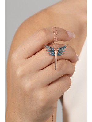 Söğütlü Silver 925 Ayar Gümüş Kolye Rose Turkuaz Taşlı Kanatlı Kılıç Modeli Kolye SGTL13143MAVI