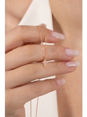 Söğütlü Silver 925 Ayar Gümüş Kolye Rose Zirkon Taşlı Minimal Kutup Yıldızı Kolye SGTL13149ROSE