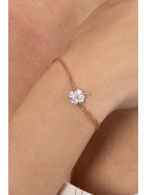 Söğütlü Silver 925 Ayar Gümüş Bileklik Rose Zirkon Taşlı Çift Zincirli Yonca Bileklik SGTL13174BEYAZ