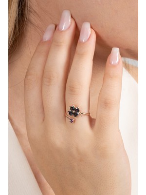 Söğütlü Silver 925 Ayar Gümüş Yüzük Rose Mistik Taşlı Üstten Ayarlamalı Yonca Modeli Yüzük SGTL13126MOR