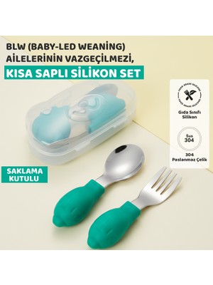 Guqqo Bebek Silikon Saplı Çelik Kaşık Çatal Seti, Blw, Balık Desen, Taşıma Kutulu, Yeşil