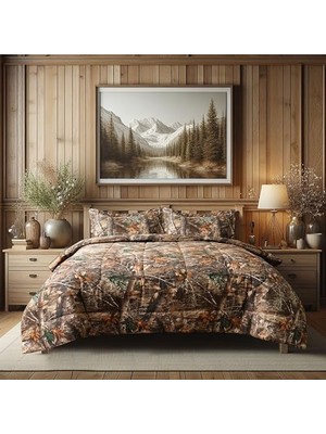 Storemax Edge Kamuflaj Yorgan Seti Ikiz Boy - 2 Parça Yatak Seti - Orman Ormanı Kabin Köşkü - Doğa Ağacı Yaprakları Baskılı Yumuşak Polyester Pamuk Kamuflaj Desenli