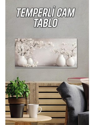 KutuTR 3D Görünümlü Temperli Cam Tablo – Beyaz Vazo ve Çiçek Deseni Uv Baskı 60X30 Cm- TVD038