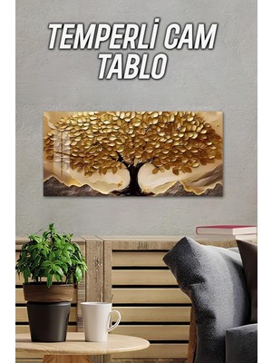 KutuTR 3D Görünümlü 2d Baskı Temperli Cam Tablo – Altın Yapraklı Ağaç Tasarımı Uv Baskı 60X30 cm TVD087