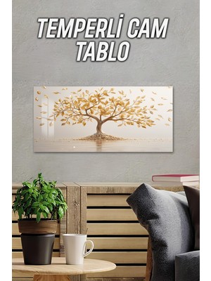 KutuTR 3D Görünümlü Temperli Cam Tablo – Altın Yapraklı Soyut Ağaç Deseni Uv Baskı 60×30 Cm- TVD050