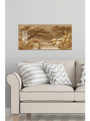 KutuTR 3D Görünümlü 2d Baskı Temperli Cam Tablo – Altın Şelale Manzara Deseni Uv Baskı 60X30 cm TVD091