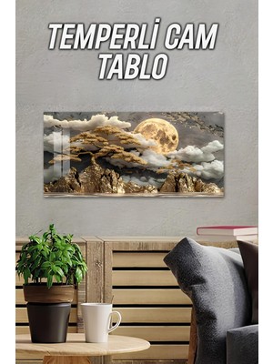 KutuTR 3D Görünümlü 2d Baskı Temperli Cam Tablo –altın Dağlar ve Dolunay Manzarası Uv Baskı 60X30 cm TVD086