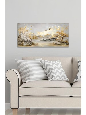 KutuTR 3D Görünümlü 2d Baskı Temperli Cam Tablo – Altın Dağ Manzarası Uv Baskı 60X30 cm TVD092