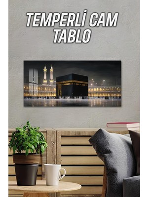 KutuTR 3D Görünümlü Temperli Cam Tablo – Kâbe Gece Işıklı Manzara Uv Baskı 60X30 cm - TVD024