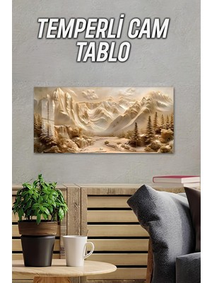 KutuTR 3D Görünümlü Temperli Cam Tablo – Altın Dağ ve Orman Manzarası Uv Baskı 60×30 Cm- TVD048