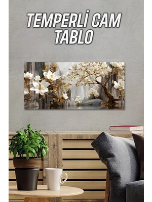 KutuTR 3D Görünümlü 2d Baskı Temperli Cam Tablo – Beyaz Çiçek ve Kayalık Uv Baskı 60X30 Cm- TVD073