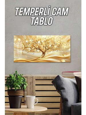 KutuTR 3D Görünümlü 2d Baskı Temperli Cam Tablo – Altın Ağaç Deseni Uv Baskı 60X30 Cm- TVD076