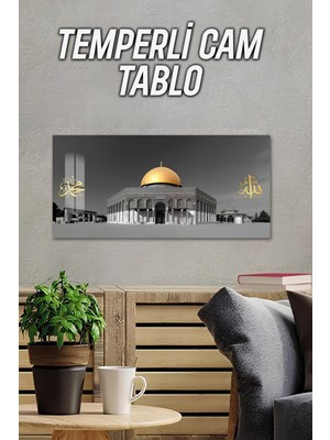 KutuTR 3D Görünümlü Temperli Cam Tablo–mescid-I Aksa Siyah Gri Altın Hat Yazılı Uv Baskı 60X30 cm - TVD014