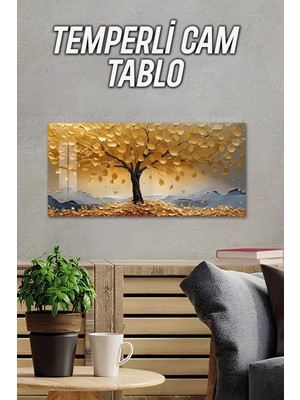 KutuTR 3D Görünümlü Temperli Cam Tablo – Altın Yapraklı Ağaç Manzara Uv Baskı 60×30 Cm- TVD052