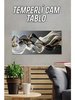 KutuTR 3D Görünümlü Temperli Cam Tablo – Altın Siyah Dalgalar Soyut Desen Uv Baskı 60X30 cm - TVD025
