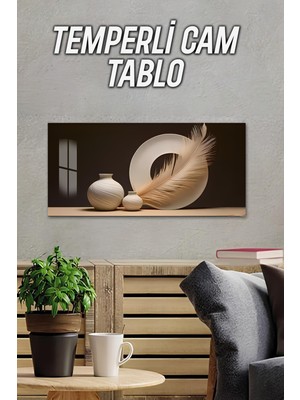 KutuTR 3D Görünümlü Temperli Cam Tablo –minimal Seramik Vazo ve Tüy Kompozisyonu Uv Baskı 60X30 cm - TVD011