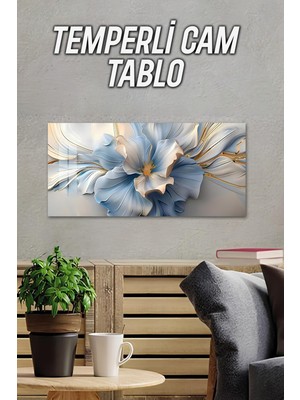 KutuTR 3D Görünümlü 2d Baskı Temperli Cam Tablo – Mavi Çiçek Desenli Uv Baskı 60X30 cm TVD085