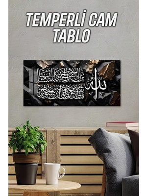 KutuTR 3D Görünümlü 2d Baskı Temperli Cam Tablo – Hat Yazısı ve Siyah Taş Doku Uv Baskı 60X30 Cm- TVD065