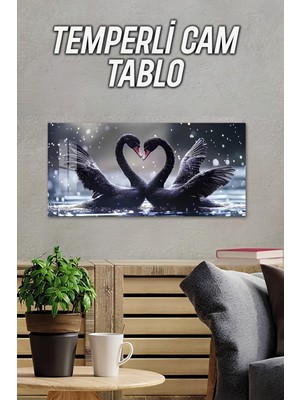 KutuTR 3D Görünümlü Temperli Cam Tablo – Siyah Kuğular Uv Baskı 60×30 Cm- TVD040