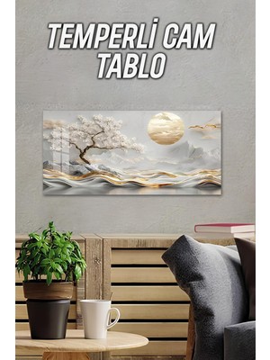 KutuTR 3D Görünümlü Temperli Cam Tablo – Beyaz Çiçekli Manzara Deseni Uv Baskı 60 x 30 cm - TVD026