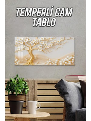 KutuTR 3D Görünümlü Temperli Cam Tablo – Beyaz Çiçekli Altın Ağaç Uv Baskı 60×30 Cm- TVD054