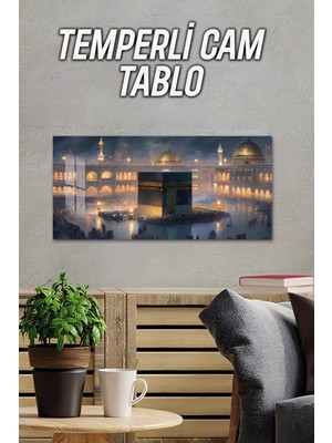 KutuTR 3D Görünümlü Temperli Cam Tablo – Kâbe Mescid-I Haram Manzarası Uv Baskı 60X30 Cm- TVD056