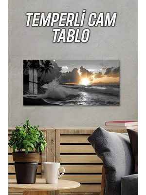 KutuTR 3D Görünümlü Temperli Cam Tablo – Gün Batımı ve Dalga Çarpması Efekti Uv Baskı 60X30 cm - TVD034