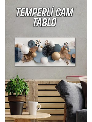 KutuTR 3D Görünümlü Temperli Cam Tablo – Modern Dekoratif Küre ve Çiçek Formları Uv Baskı 60X30 cm - TVD010