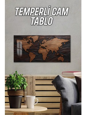 KutuTR 3D Görünümlü 2d Baskı Temperli Cam Tablo – Dünya Haritası Deseni Uv Baskı 60X30 Cm- TVD061