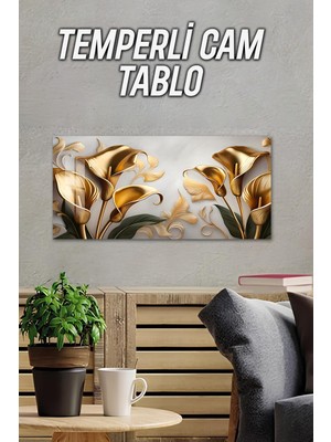 KutuTR 3D Görünümlü Temperli Cam Tablo – Altın Çiçek Detaylı Modern Sanat Uv Baskı 60×30 Cm- TVD047