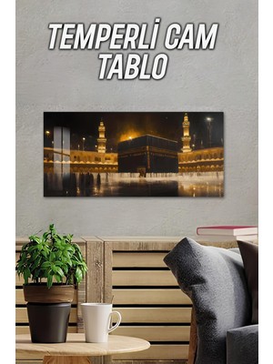 KutuTR 3D Görünümlü Temperli Cam Tablo – Kâbe Gece Işıltısı Manzarası Uv Baskı 60X30 cm - TVD037