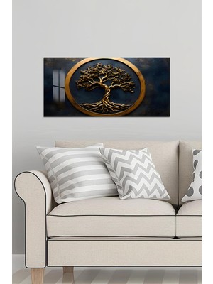 KutuTR 3D Görünümlü 2d Baskı Temperli Cam Tablo – Altın Varaklı Hayat Ağacı Deseni Uv Baskı 60X30 cm TVD095