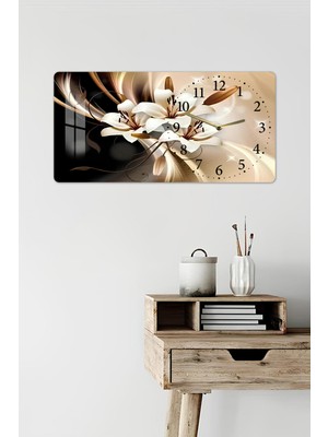 KutuTR 3D Görünümlü 2d Uv Baskı Yatay Temperli Cam Saat Tablo – Çiçek Desenli – 60X30 CM-YSG040