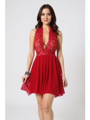 Kadın Kırmızı Çapraz Bağlı Kısa Tül Dantel Gecelik – Modern ve Şık Tasarım