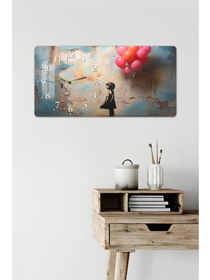 KutuTR 3D Görünümlü 2d Uv Baskı Temperli Cam Saat Tablo–balonlu Kız Tasarım 60X30CM -YSL015