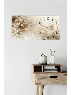 KutuTR 3D Görünümlü Temperli Cam Saat Tablo – Çiçek Desenli Zarif Model Uv Baskı 60X30 cm - YSG014