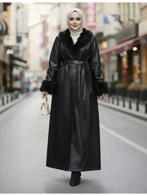 Kadın Yakası Tüylü Kuşaklı Içi Astarlı Tesettür Deri Siyah Kap