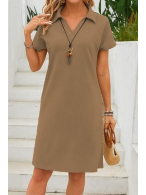 Mossta Kısa Kollu Polo Yaka Bürümcük Elbise - Bej