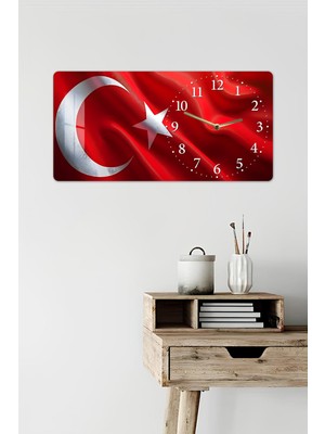 KutuTR 3D Görünümlü 2d Uv Baskı Yatay Temperli Cam Saat Tablo – Türk Bayrağı Teması – 60X30 cm - YSG026