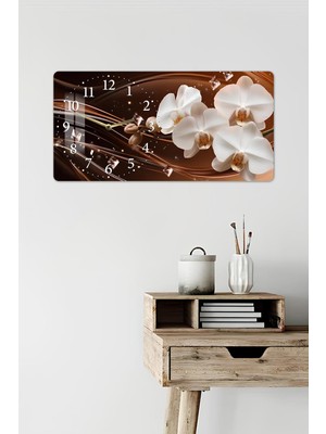 KutuTR 3D Görünümlü 2d Uv Baskı Yatay Temperli Cam Saat Tablo – Orkide Çiçek Deseni – 60X30 CM-YSL025