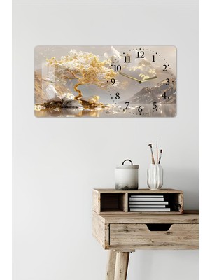 KutuTR 3D Görünümlü 2d Uv Baskı Yatay Temperli Cam Saat Tablo 60X30 cm – Altın Ağaç Manzarası- YSG017