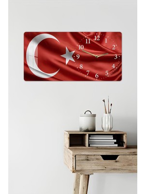 KutuTR 3D Görünümlü 2d Uv Baskı Temperli Cam Saat Tablo – Türk Bayrağı Desenli – 60X30 CM-YSG027