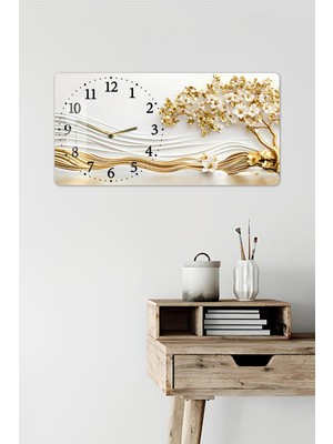 KutuTR 3D Görünümlü 2d Uv Baskı Temperli Cam Saat Tablo – Altın Çiçek Tasarımlı – 60X30CM – 60X30CM -YSL007
