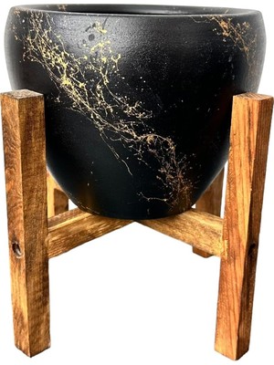 Storemax Tasarımı Ev Dekorasyon Siyah Üzeri Mermer Efektli Toprak Saksı Saksılık Salon Çiçeklik 4 Ayaklı - 15 cm