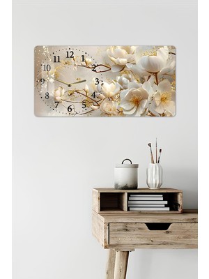 KutuTR 3D Görünümlü 2d Uv Baskı Temperli Cam Saat Tablo–krem Çiçek ve Altın Dokulu Tasarım 60X30CM -YSL009