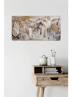 KutuTR 3D Görünümlü Temperli Cam Saat Tablo – Şelale ve Dağ Manzarası Uv Baskı 60X30 cm - YSG010