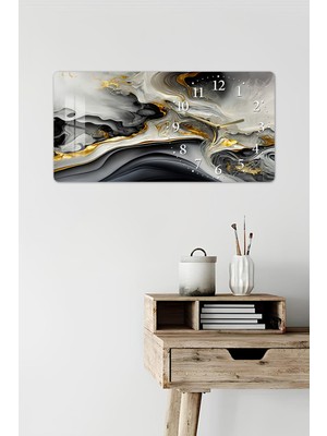 KutuTR 3D Görünümlü 2d Uv Baskı Yatay Temperli Cam Saat Tablo – Soyut Mermer Desen – 60X30 CM-YSG033