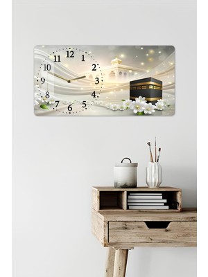KutuTR 3D Görünümlü Temperli Cam Saat Tablo – Kâbe ve Mescid-I Haram Teması Uv Baskı 60X30 CM-YSL022