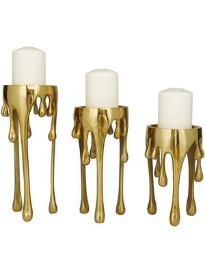 Storemax Cosmopolitan Tarafından Cosmoliving Alüminyum Metal Soyut Dekoratif Mumluk Erime Damla Mum Standı, 3'lü Mum Tutucu Seti 12", 10", 8" H, Altın